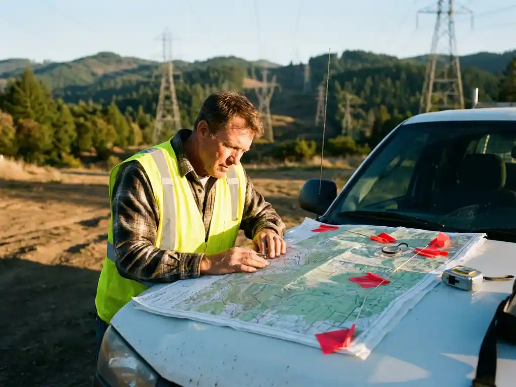 Landvermesser in gelber Warnweste studiert topographische Karte auf weißem Dienstfahrzeug, Strommasten und Hügel im Hintergrund